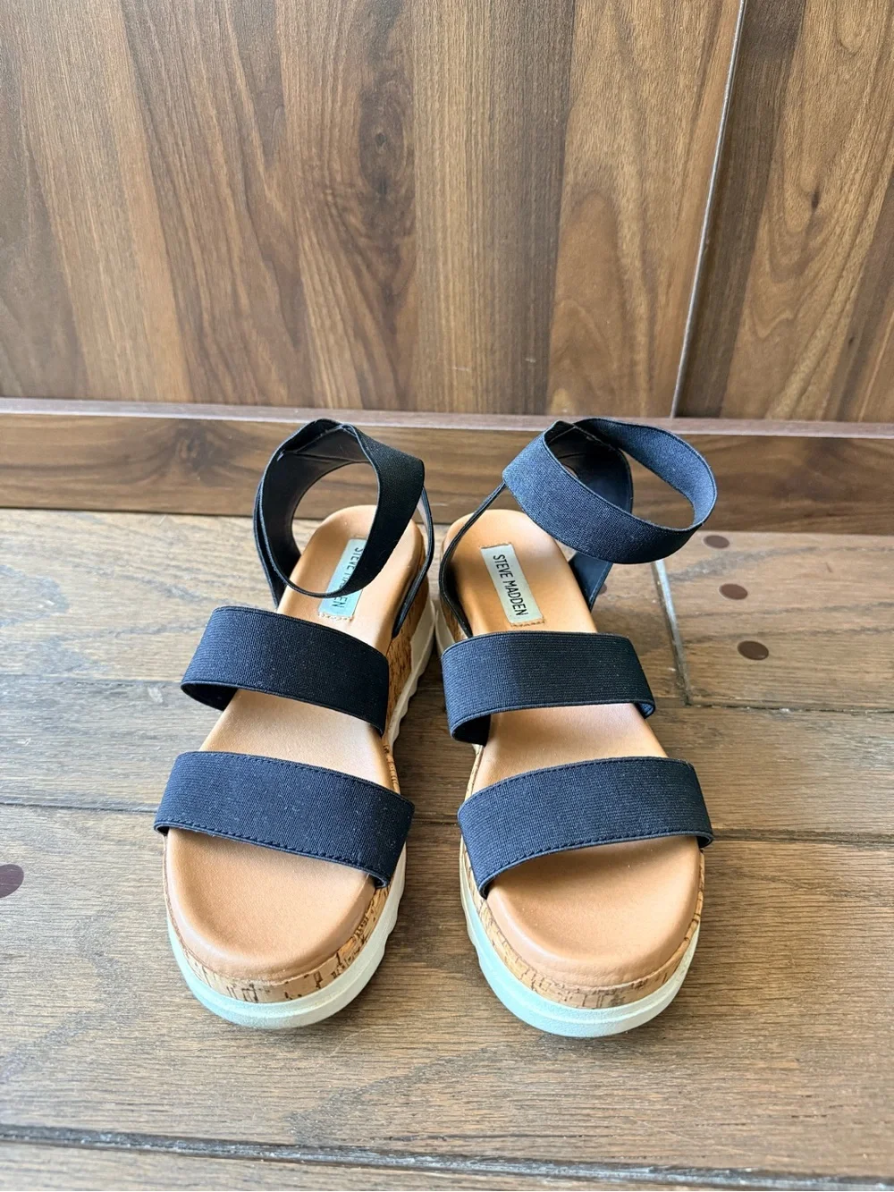Steve Madden Black Elastic Cork Platform Sandals